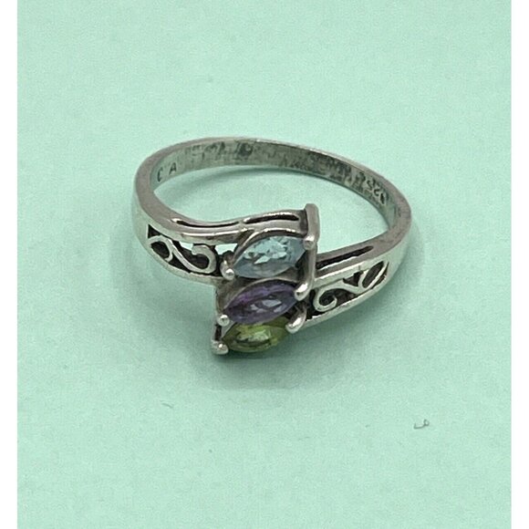 Vintage 925 Sterling Silver Three Stone Marquis Ring Amethyst Peridot Topaz 9.75 - Picture 2 of 6